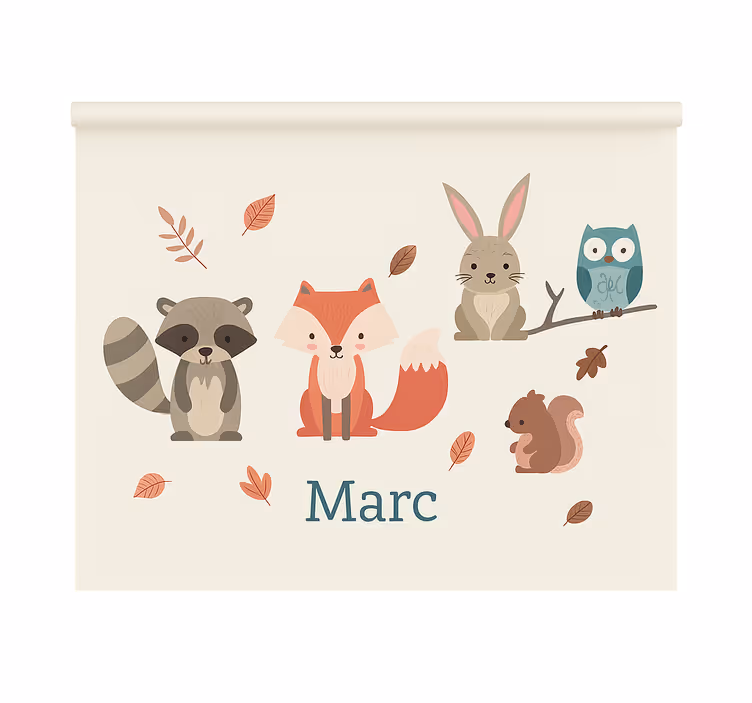 Store enrouleur chambre enfant animaux de la forêt avec nom - TenStickers