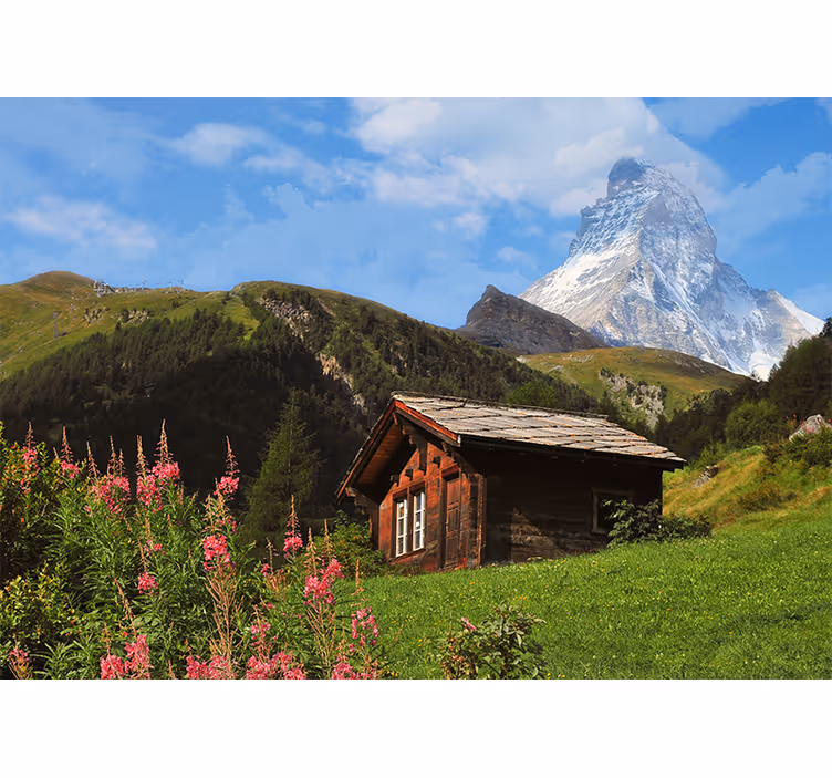 Store enrouleur salon champ vert avec cabane et montagne - TenStickers