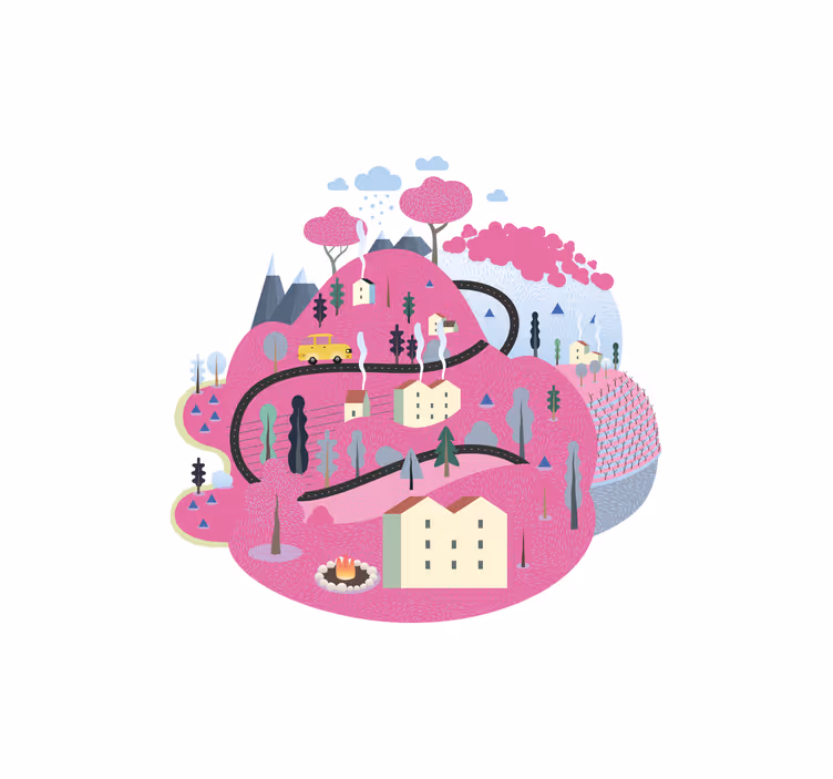 Store enrouleur chambre enfant montagnes roses avec maisons - TenStickers