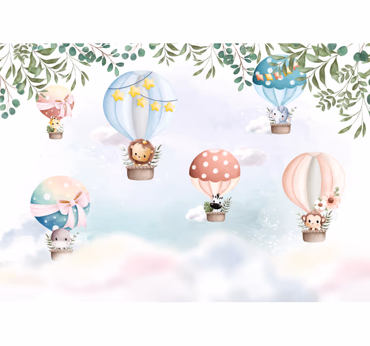 Tapisserie murale chambre bébé animaux en montgolfière - TenStickers