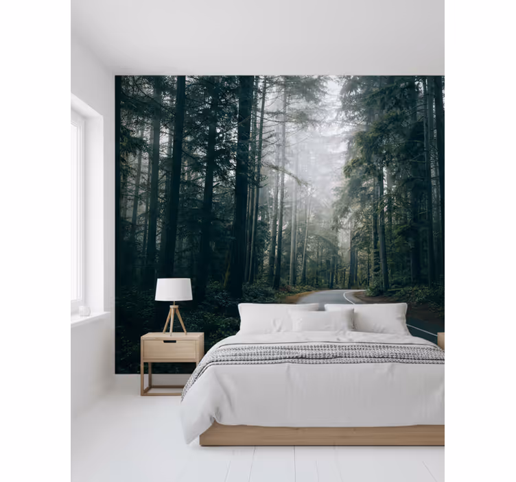 Papier peint forêt chemin de pins brumeux - TenStickers