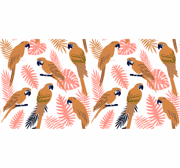 Tapisserie jungle perroquets oranges et fleurs roses - TenStickers