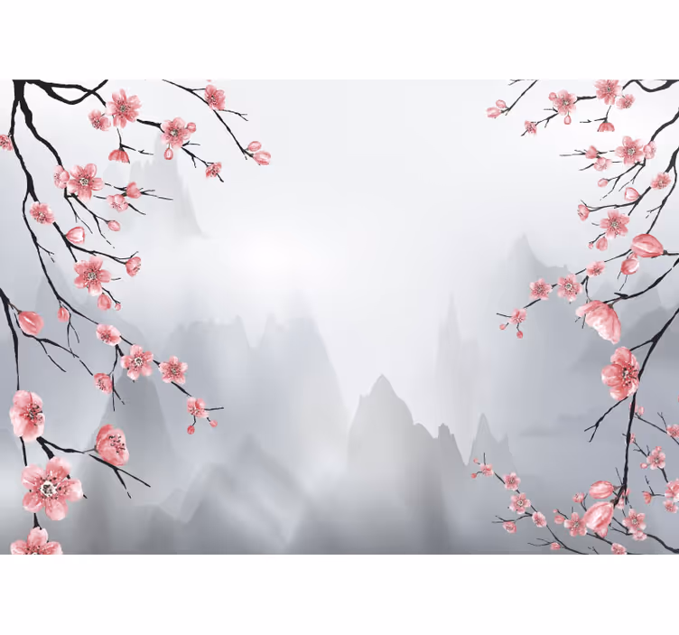 Tapisserie gris fleurs de cerisier et montagnes - TenStickers