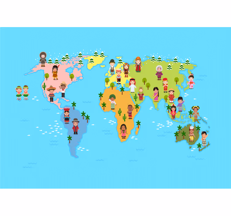 Tapisserie carte du monde personnages culturels - TenStickers