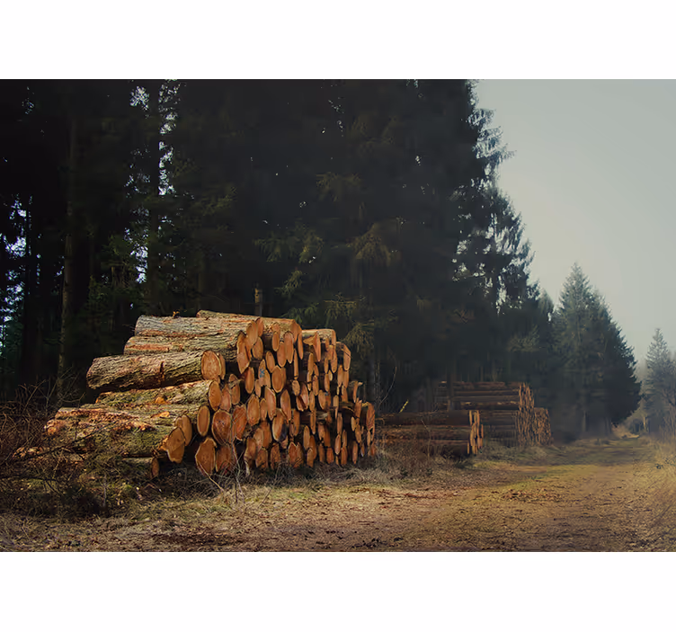Papier peint forêt empilements de bois en forêt - TenStickers