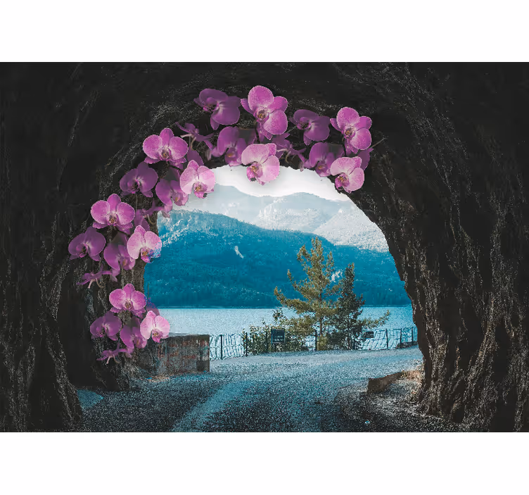 Tapisserie fleur orchidées encadrant le paysage - TenStickers