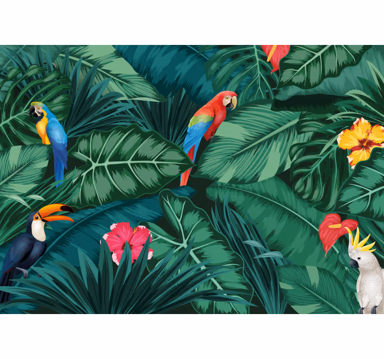 Tapisserie salle à manger oiseaux et fleurs tropicaux - TenStickers