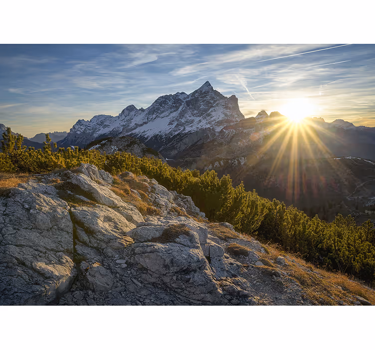 Tapisserie montagne sommets au lever du soleil majestueux - TenStickers