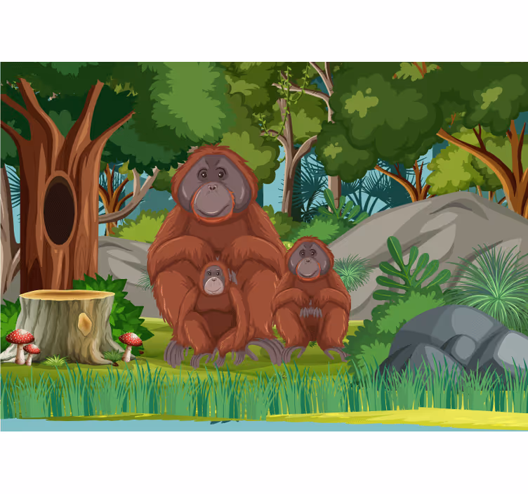 Tapisserie animaux scène de famille orang-outans - TenStickers