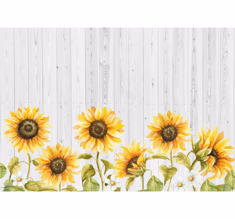 Tapisserie fleur tournesols sur texture bois - TenStickers