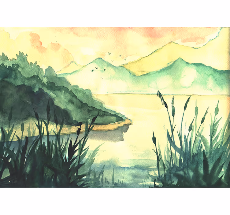 Tapisserie lac paysage serein dessiné à la main - TenStickers