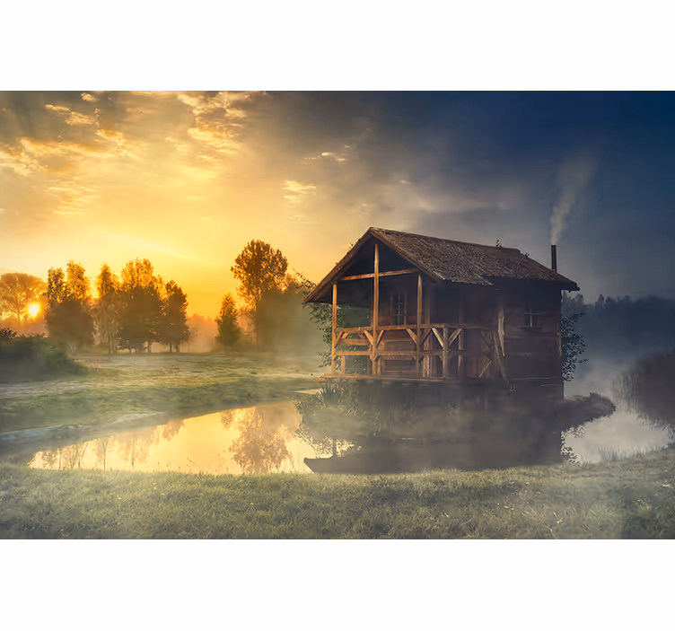 Tapisserie paysage cabine sereine au coucher de soleil - TenStickers