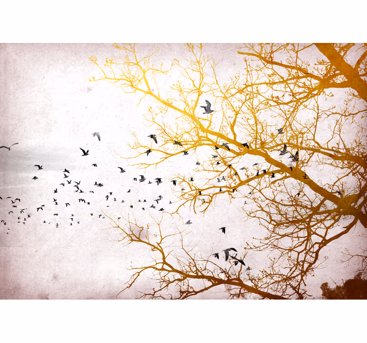 Tapisserie nature branches dorées oiseaux - TenStickers
