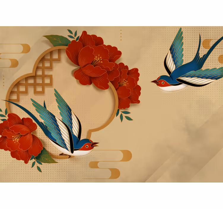 Tapisserie fleur hirondelle et fleurs - TenStickers