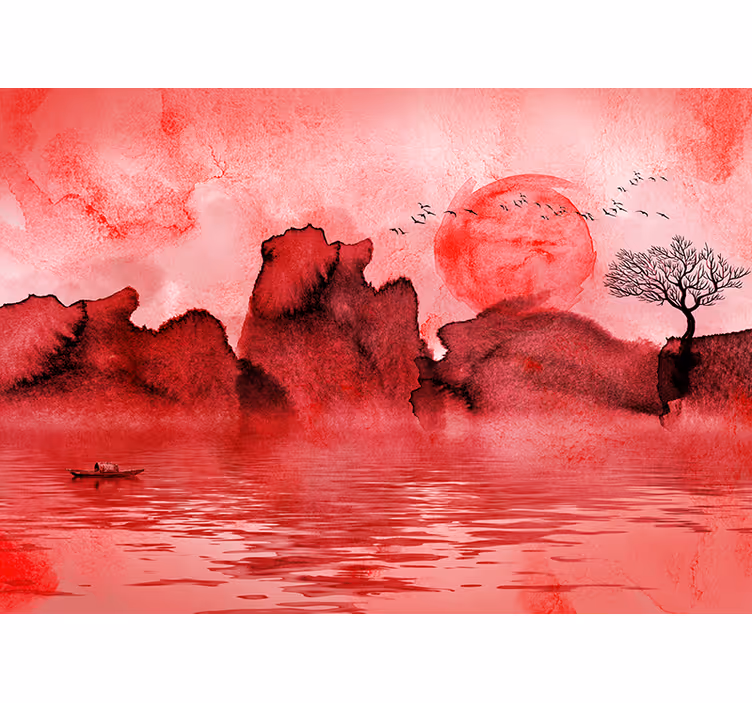 Tapisserie murale rouge paysage encre de chine - TenStickers