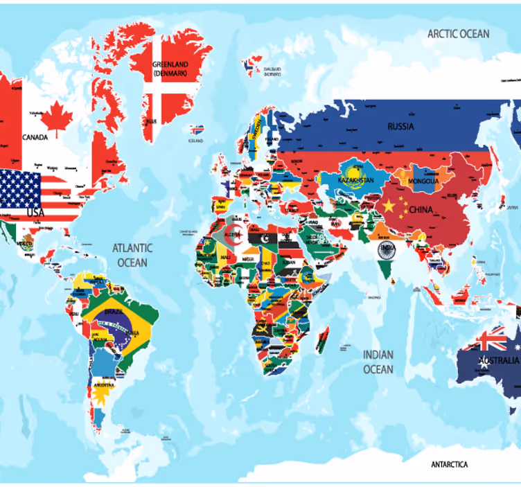 Papier peint mural carte du monde Carte du monde avec des drapeau - TenStickers