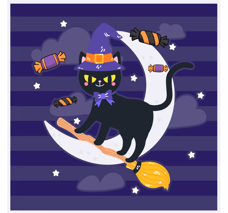 Dessous de verre halloween chat sorcière sur balai - TenStickers