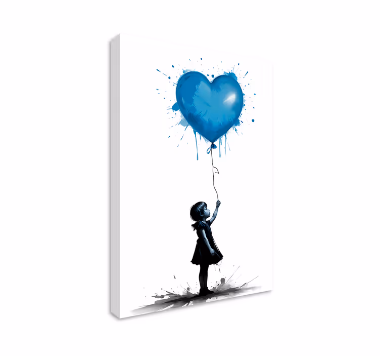 Tableau art fille avec un ballon en forme de coeur bleu - TenStickers