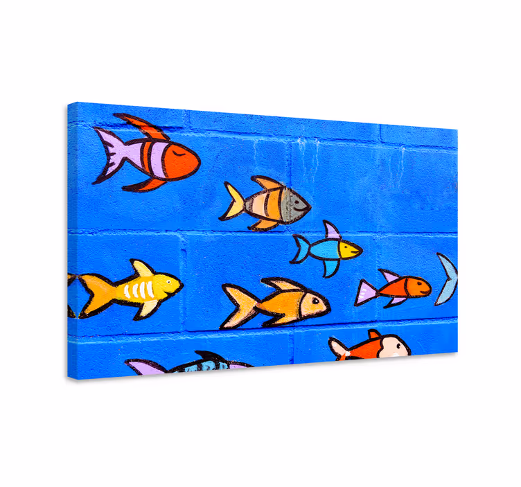 Tableau mur de briques bleu avec des poissons - TenStickers