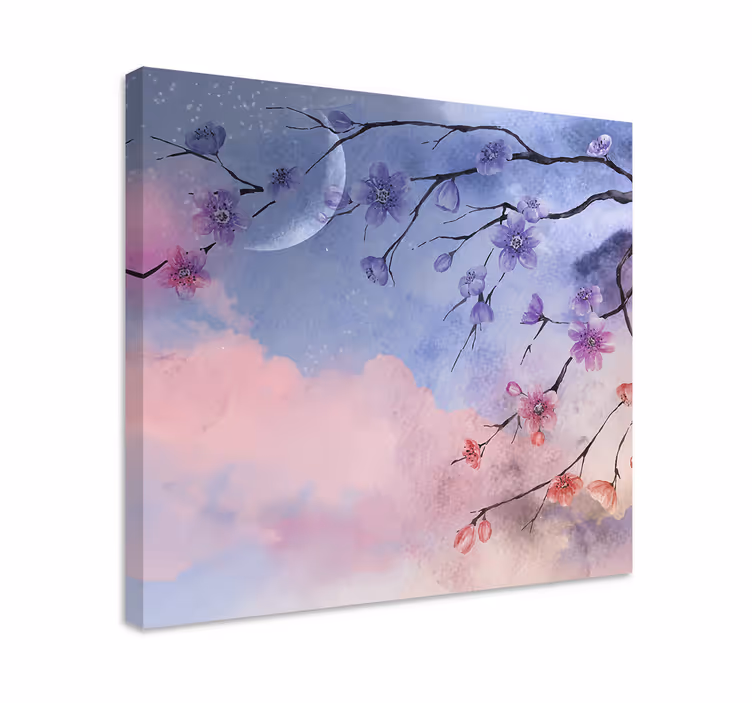 Tableau fleurs et plantes branches en fleurs avec lune - TenStickers