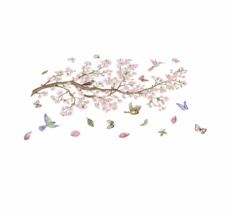 Tapis vinyle fleurs et plantes cerisier en fleurs oiseaux - TenStickers