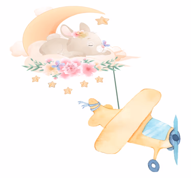 Tapis vinyle animal lapin dormant sur la lune avec avion - TenStickers