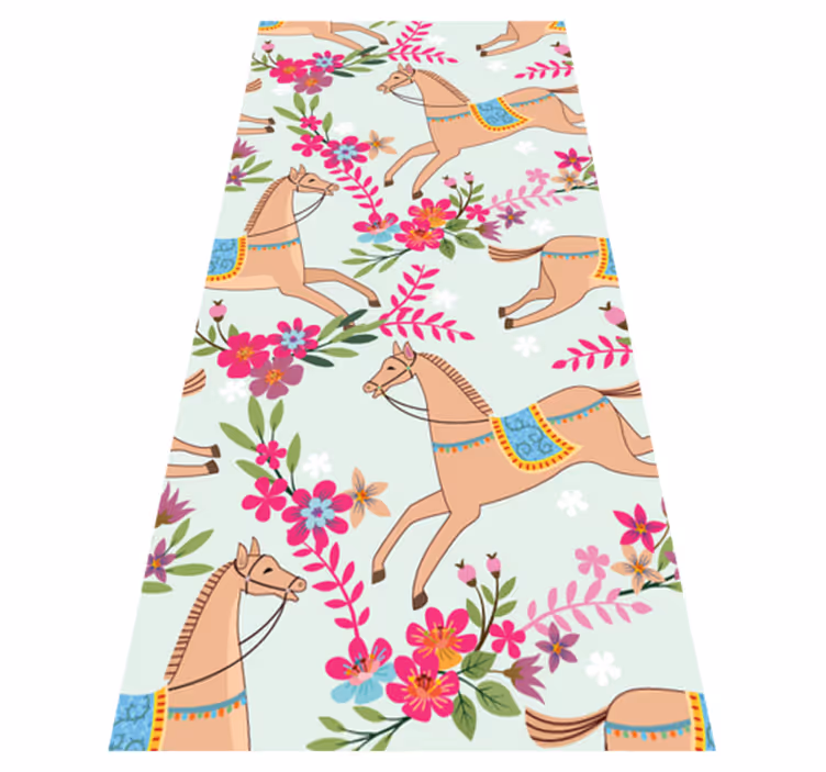 Tapis vinyle chambre motif chevaux fleurs roses - TenStickers