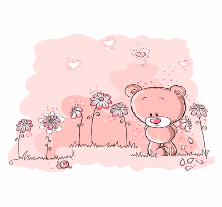 Tapis vinyle pour enfants ours rose et fleurs - TenStickers