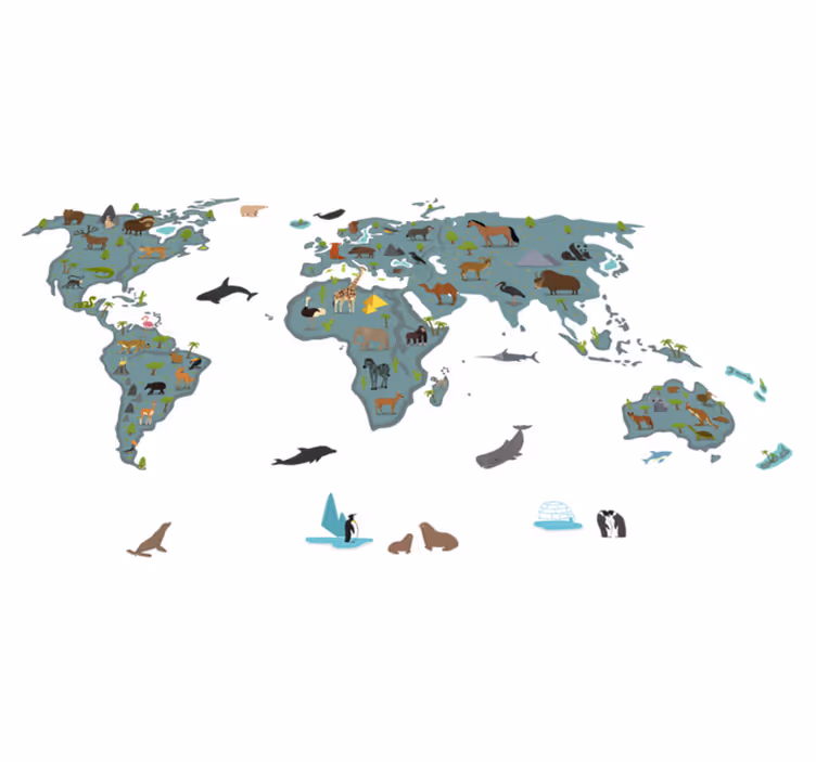 Tapis vinyle carte du monde couleurs simples animaux - TenStickers