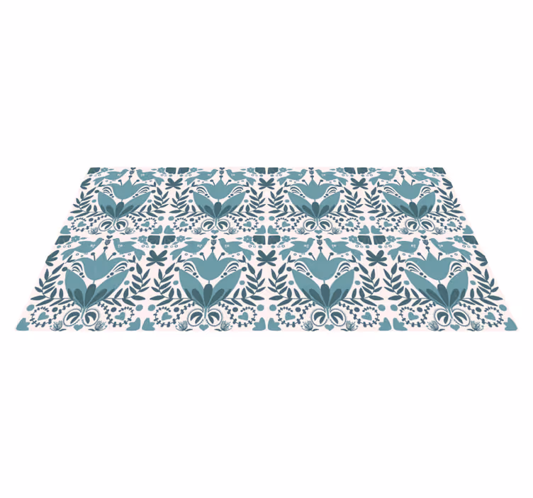 Tapis vinyle cuisine motif folk bleu avec oiseaux - TenStickers