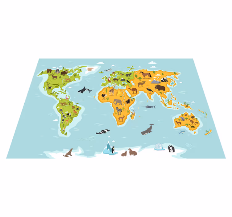 Tapis vinyle carte du monde faune et flore enfantine - TenStickers
