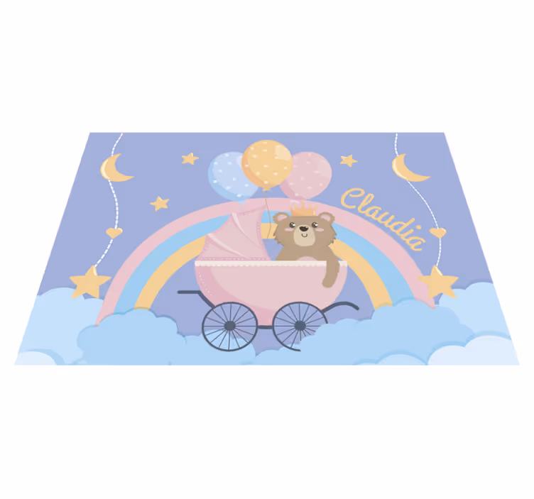 Tapis vinyle chambre bébé ours et landau rose avec nom - TenStickers