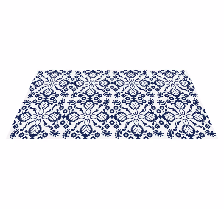 Tapis vinyle carreaux de ciment motif floral bleu et blanc - TenStickers
