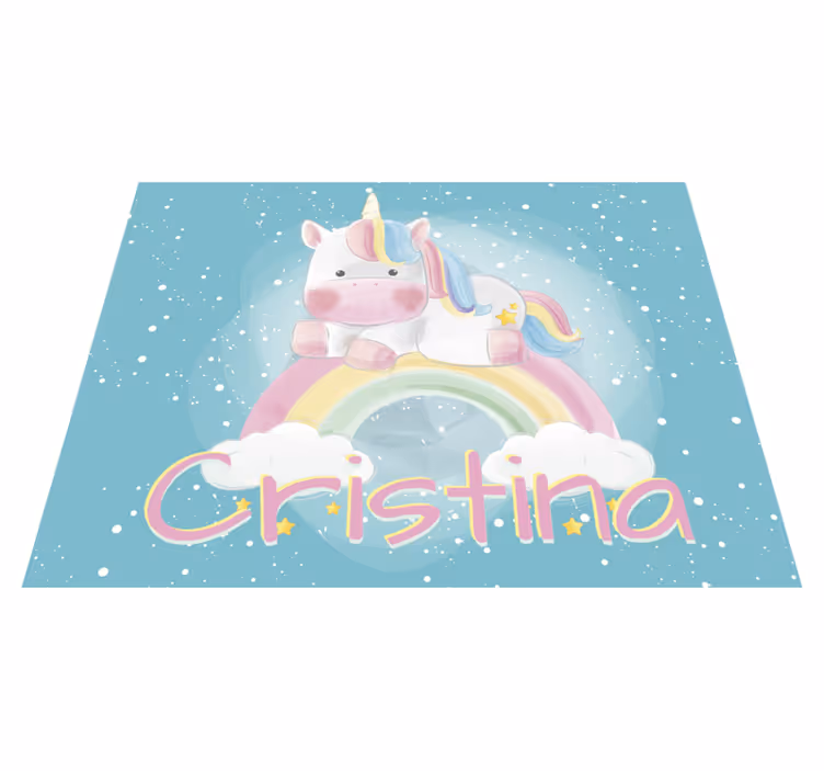 Tapis vinyle licorne sur arc-en-ciel et nom - TenStickers