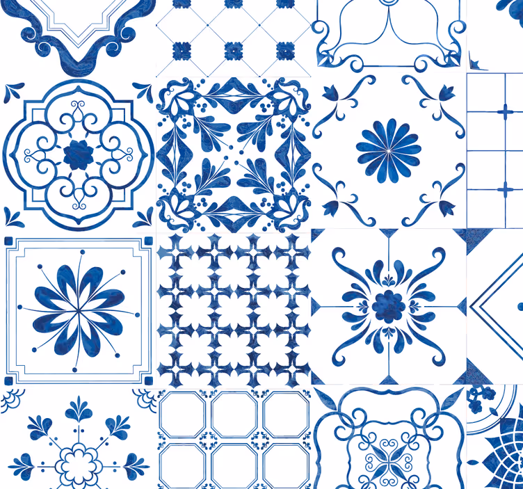 Papier peint carreaux de ciment motif bleu et blanc complexe - TenStickers