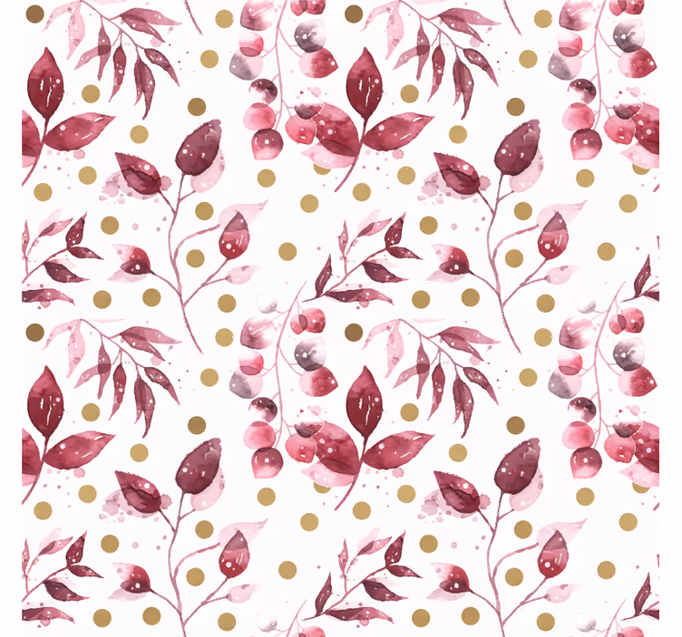 Papier peint floral feuilles bordeaux à pois dorés - TenStickers