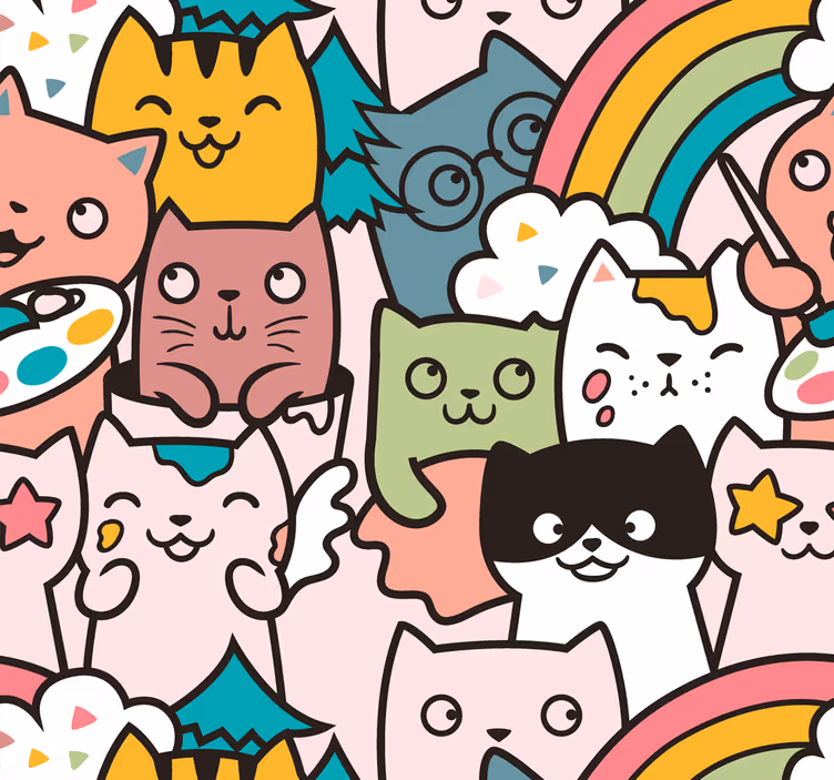 Papier peint chambre motif doodles de chats pastel - TenStickers