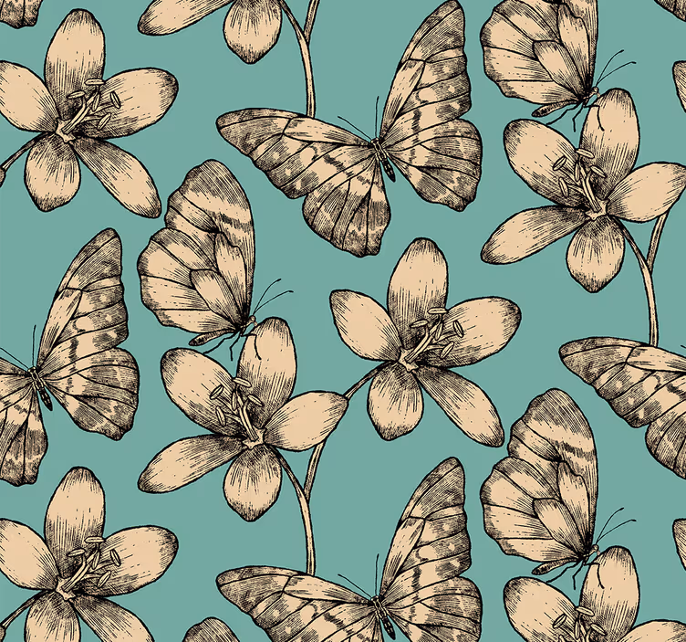 Papier peint papillons fleurs beiges sur fond bleu - TenStickers