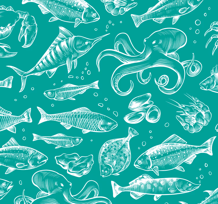 Papier peint vert Poissons dessinés à la main - TenStickers
