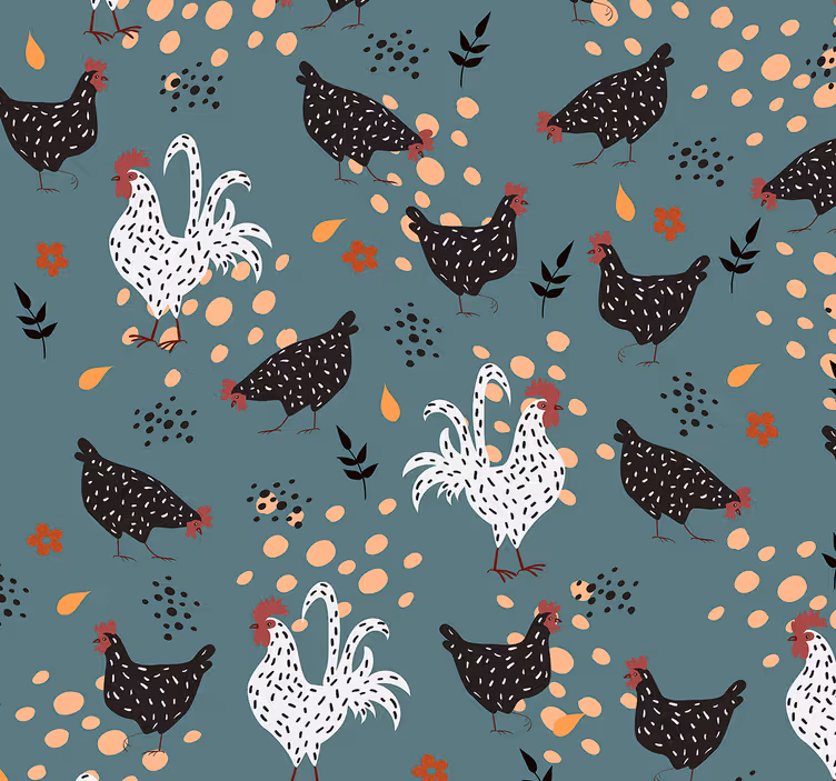Papier peint cuisine poulets noirs et blancs et fleurs - TenStickers