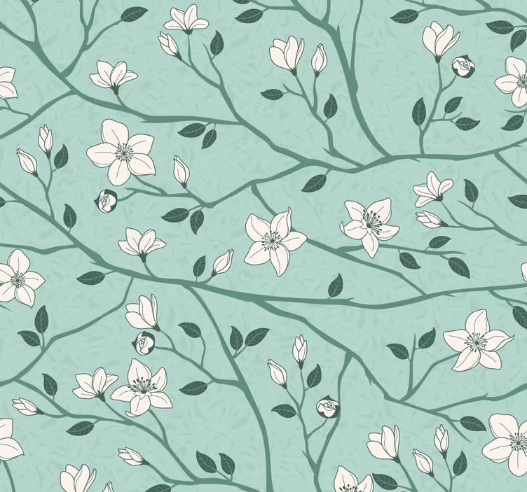 Papier peint vert menthe branches fleurs - TenStickers