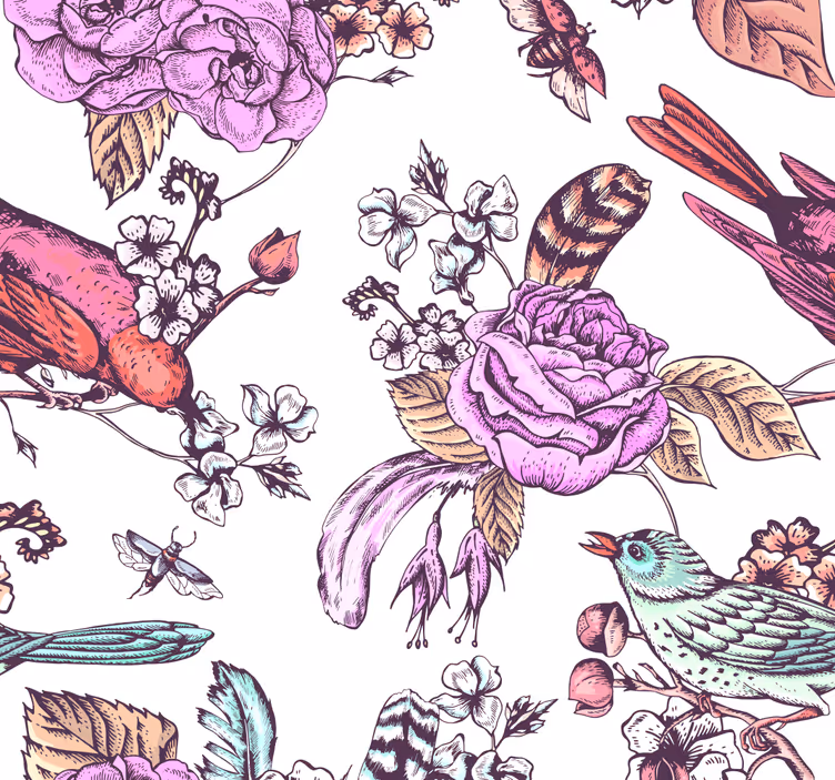 Papier peint fleuri motif d'oiseau floral - TenStickers
