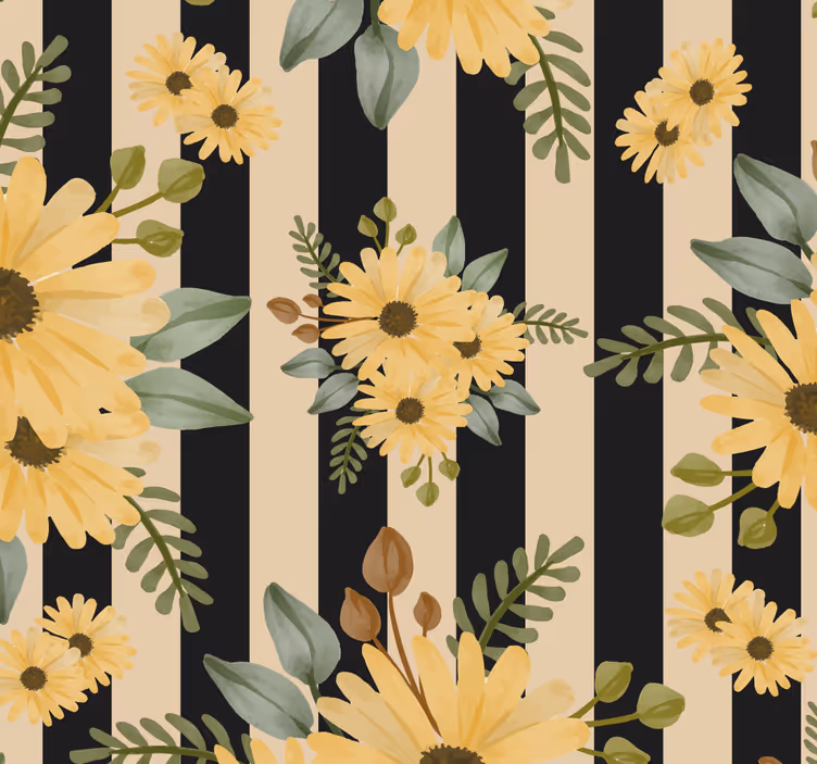 Papier peint fleuri motif tournesol rayé - TenStickers