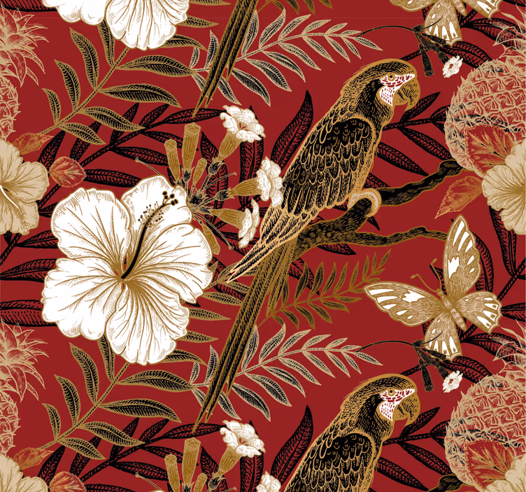 Papier peint chambre perroquets motif élégant floral rouge - TenStickers