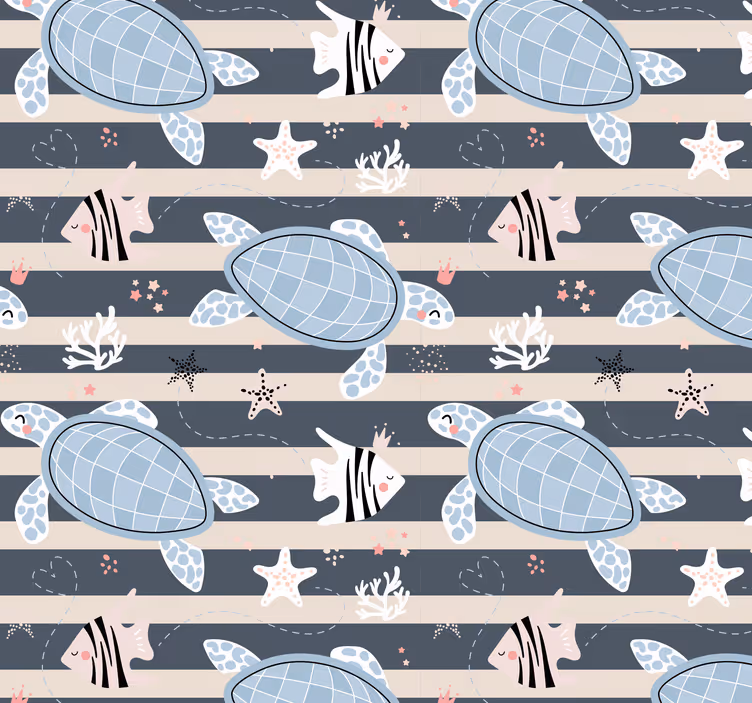 Papier peint motif nautique tortues et rayures - TenStickers