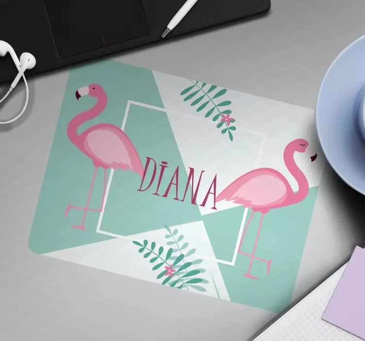 Tapis de souris nom Flamants roses et feuilles - TenStickers