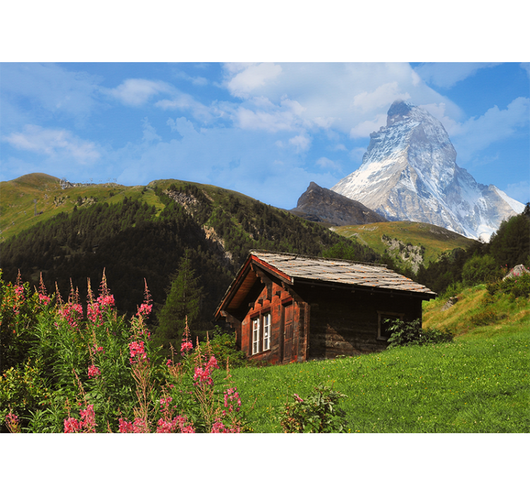 Store enrouleur salon champ vert avec cabane et montagne - TenStickers