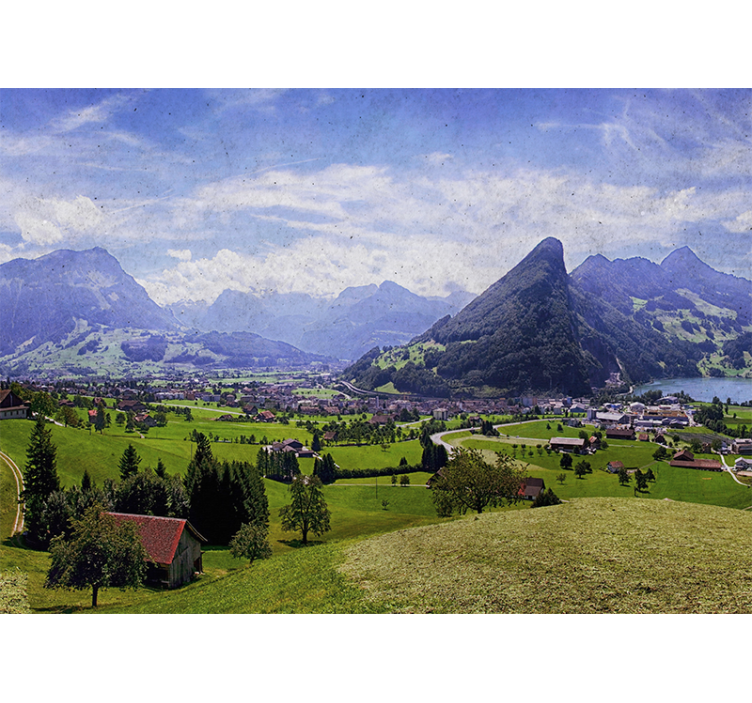Store enrouleur salon maisons sur champ vert montagnes - TenStickers