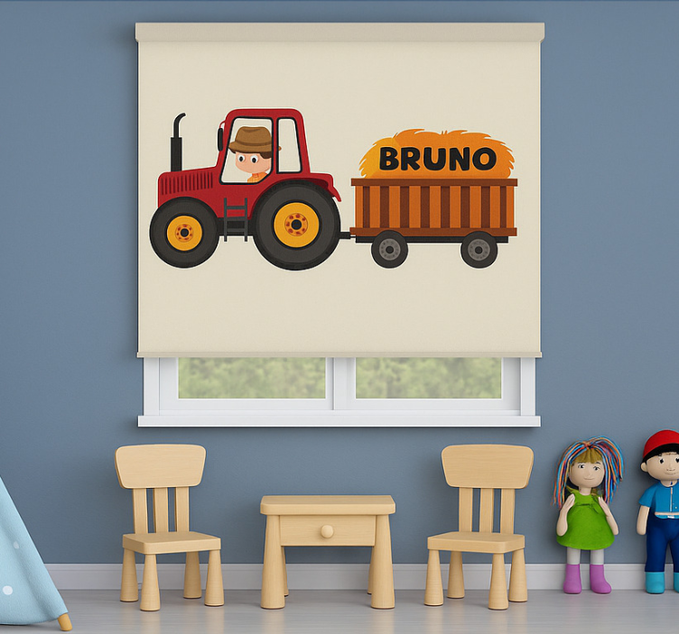 Store enrouleur chambre enfant conception de tracteur avec nom - TenStickers