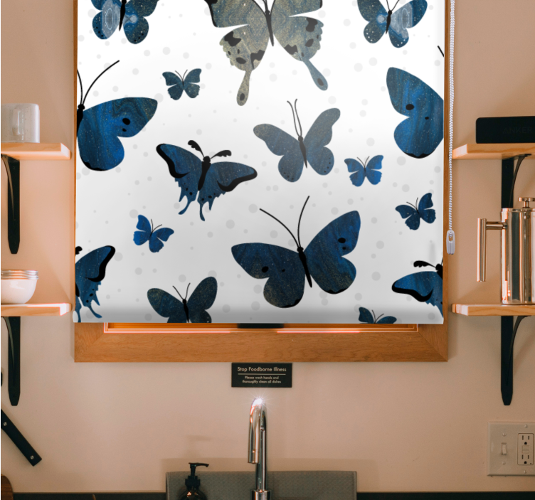 Store enrouleur papillons inspiration motif bleu et beige - TenStickers